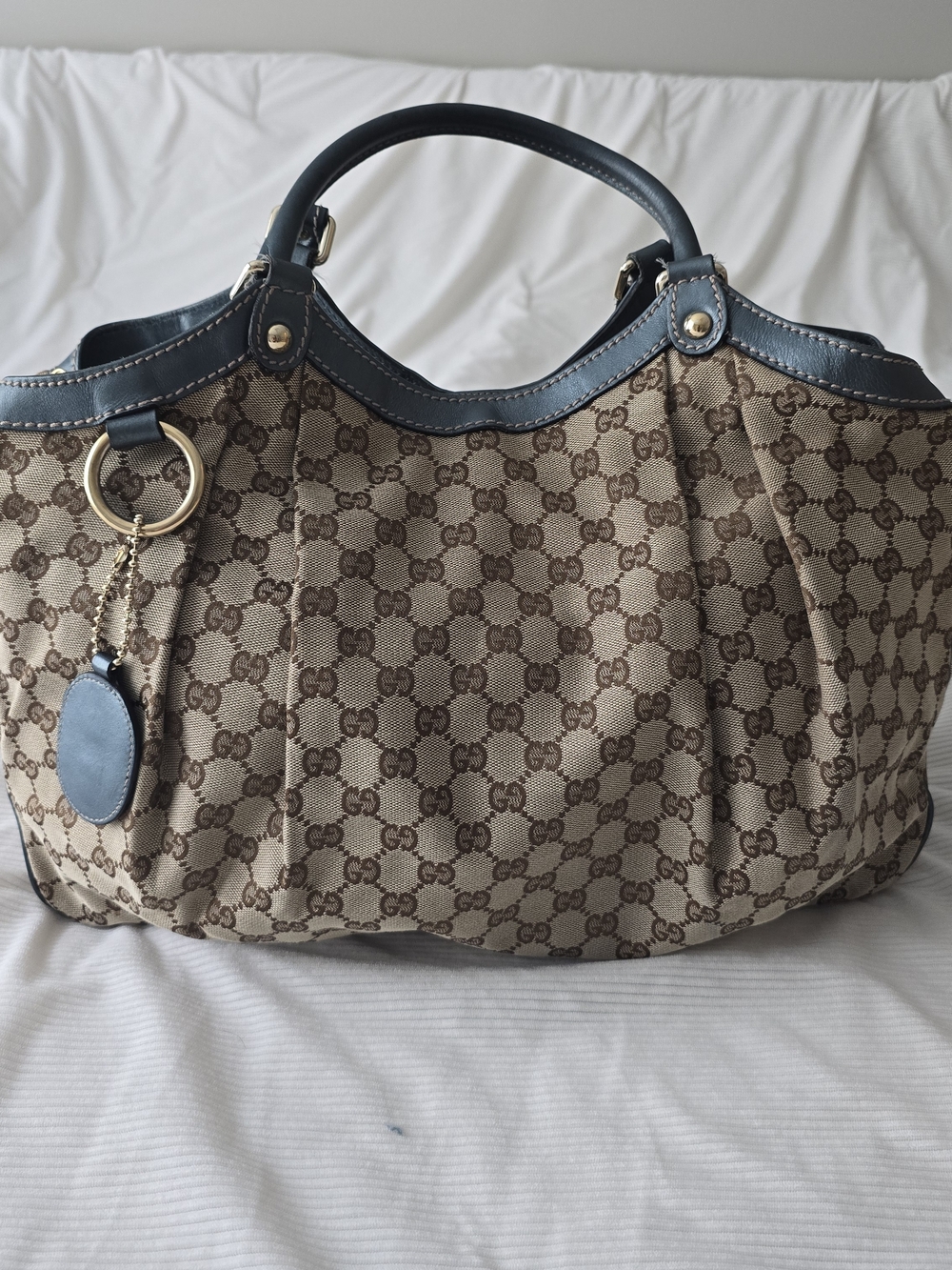 Gucci Beige GG Canvas Shoulder Tote with Dark Brown Leather Trim